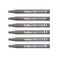 Artline Drawing System Technical Pens Set Of 6 .1,.2,.3,.4,.5,.8