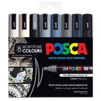 Posca Set PC5MMC8C Monotone Colours - Contains one each of White, Ivory, Silver, Slate Grey, Deep Grey, Navy Black &amp; Grey