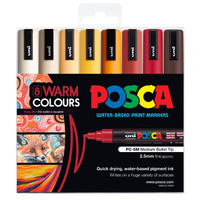 Posca Set PC5MWC8C Warm Colours - Contains one each of Ivory, Beige, Apricot, Ochre, Bright Yellow, Ruby Red, Deep Red &amp; Cacao Brown 