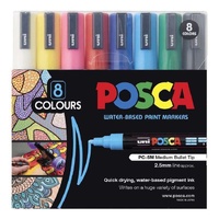 Posca Set PC5M8A Bullet Tip - Contains one each of White, Yellow, Pink, Red, Blue, Light Blue, Green & Black