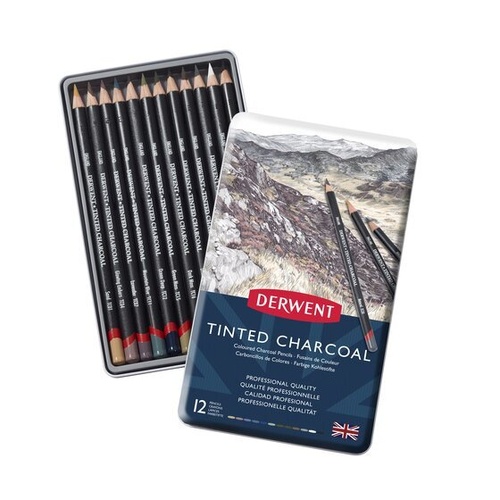 Derwent Tinted Charcoal Pencils Tin Of 12 Assorted Colours