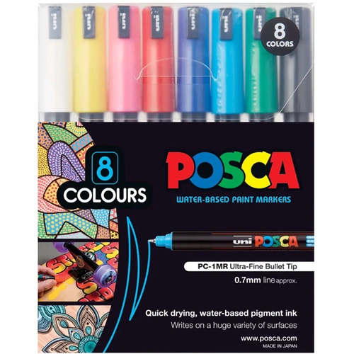 Posca Set PC1MR8C Ultra Fine - Contains one each of White, Yellow, Pink, Red, Blue, Light Blue, Green & Black