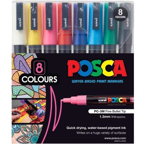 Posca Set PC3M8C Fine Bullet Tip - Contains one each of White, Yellow, Pink, Red, Blue, Light Blue, Green & Black