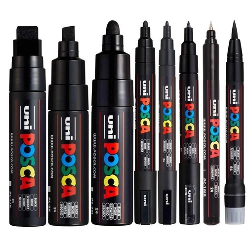 Posca Set 8Pk Wallet Black - Contains one each of Black PC17K, PC8K, PC7M, PC5M, PC3M, PC1MR, PC1M & PCF350