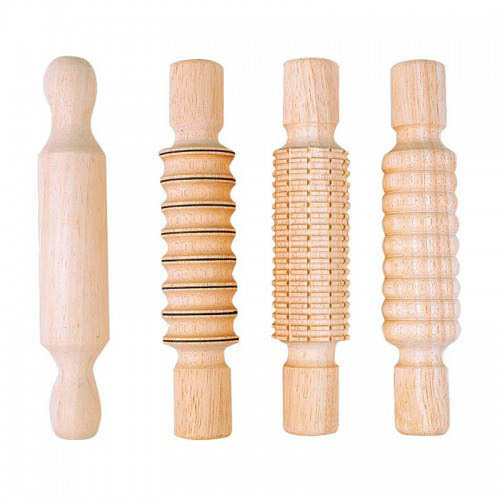 Rolling Pin Wooden Designers Set Of 4 (3 Patterned And 1 Plain Roller)